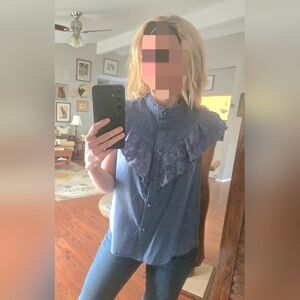 Simple Retro Blue Ruffled Edwardian or Victorian Styled Women's Top